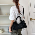 PU Leather Vintage Tote Bag – Rivet Detail, Adjustable Strap, 37×20×9 cm