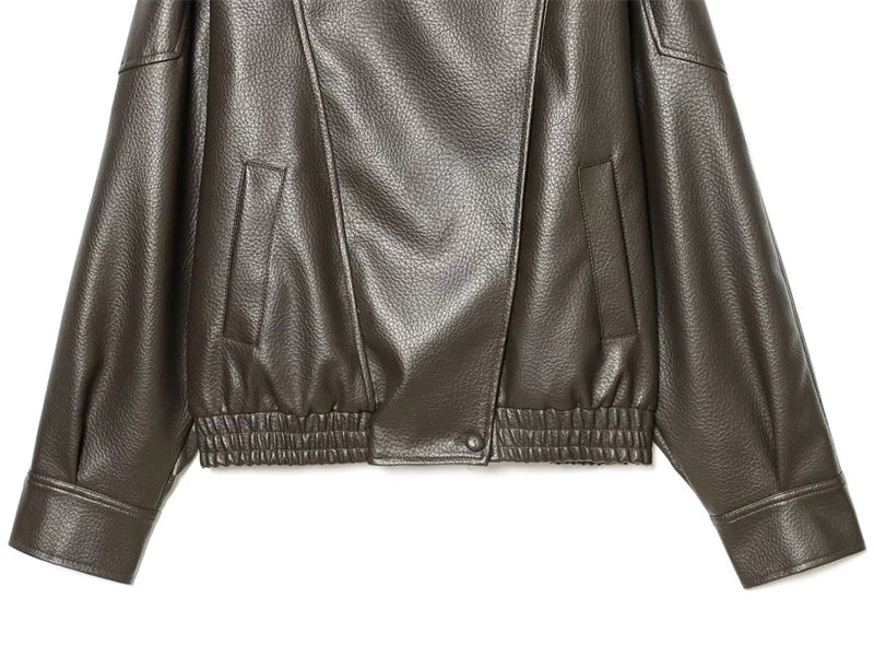 Women's Jacket Pebble Faux Leather Full-Sleeve Moto-Style Zipper Casual Coat