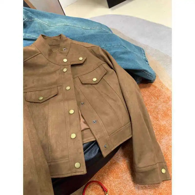 Womens Casual Autumn Suede Jacket Long Sleeve Fashion Outwear Coat