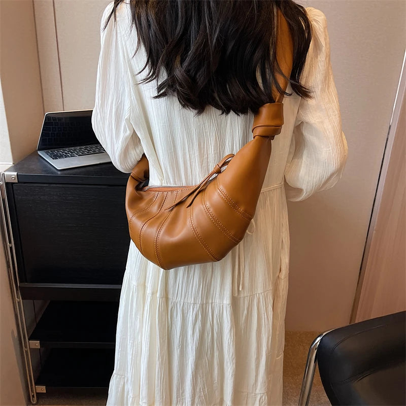 Large Splicing Leather Crossbody Bags Women Zipper Crescent Shoulder Bags