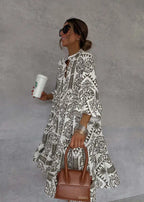 Bohemian Print Midi Dress – V-Neck 3/4 Sleeve Beach Dress