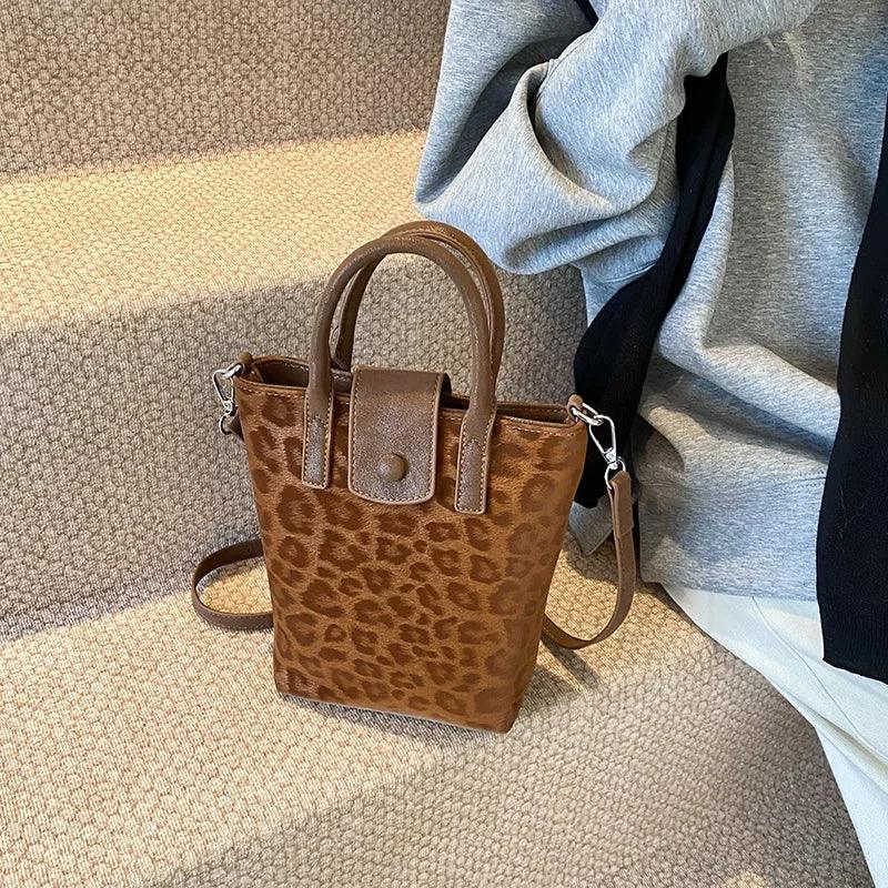 Leopard Nubuck Leather Bucket Bags Small Women Flap Snap Zipper Crossbody Purse