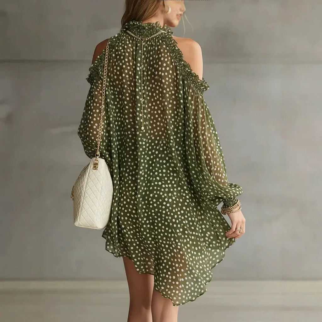 Women Polka Dot Chiffon Mini Dress Party Cocktail Short Dress Halter Cold Shoulder Long Sleeve Loose Fit