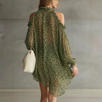 Women Polka Dot Chiffon Mini Dress Party Cocktail Short Dress Halter Cold Shoulder Long Sleeve Loose Fit