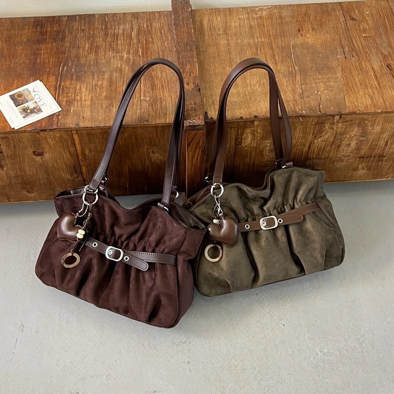 Women's Shoulder Bag Vintage Ruched PU Leather Zipper Tote Bag with Phone Pocket & Charm
