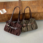Women's Shoulder Bag Vintage Ruched PU Leather Zipper Tote Bag with Phone Pocket & Charm