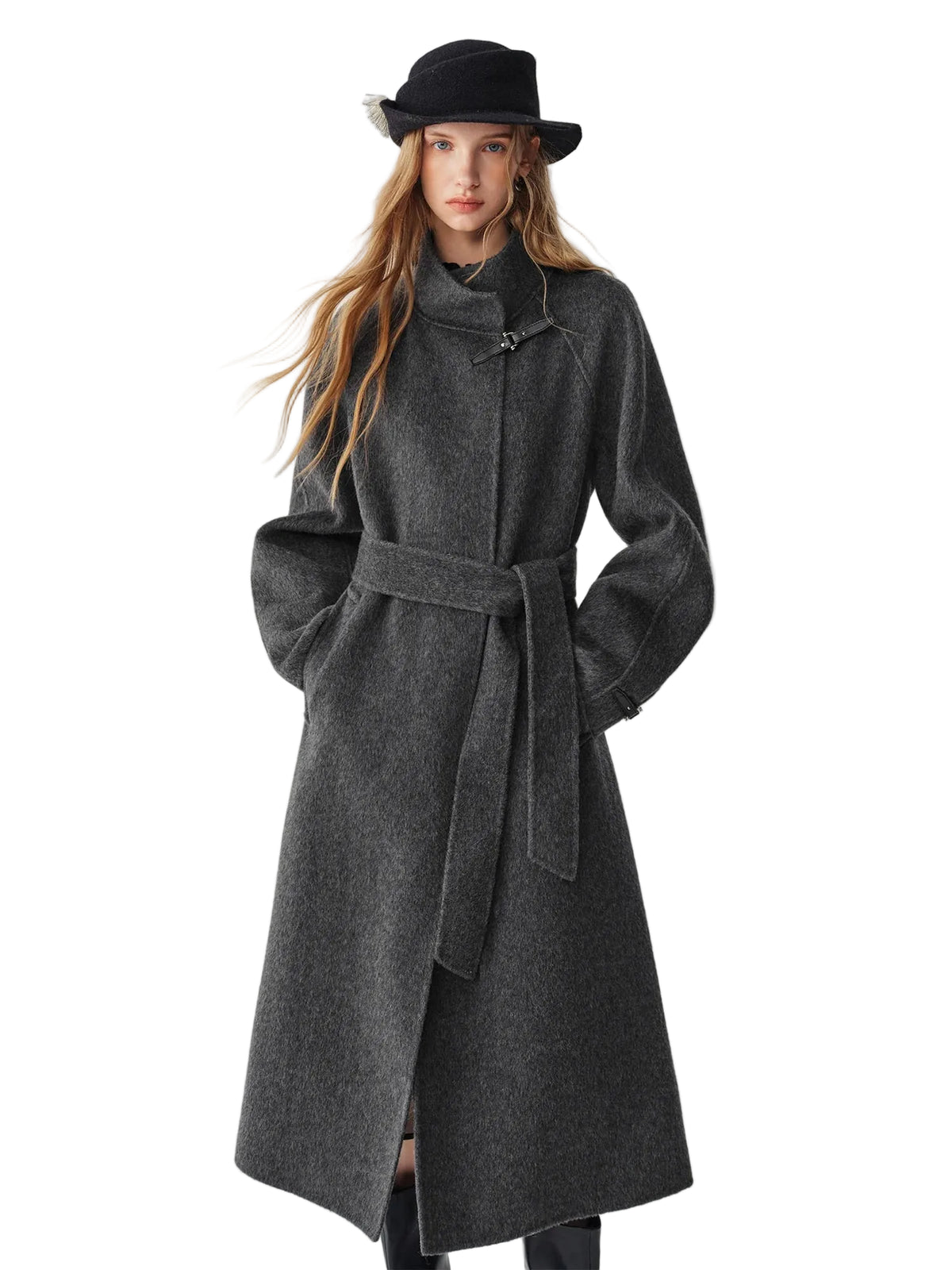 Women's 100% Wool Double-Sided Overcoat – Turn-Down Collar, Belt, X-Long