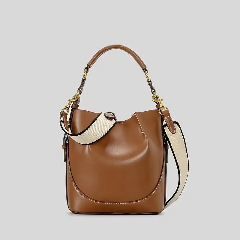 Women's Canvas & PU Leather Bucket Bag with Wide Crossbody Strap