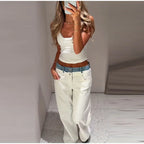 Women's Denim Patchwork Wide-Leg Ankle Jeans Drawstring Low Waist Loose Fit Casual Trendy Bottoms