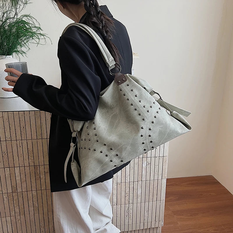 Women's Rivet PU Leather Large Capacity Shoulder Bag – Punk Style Tote Handbag