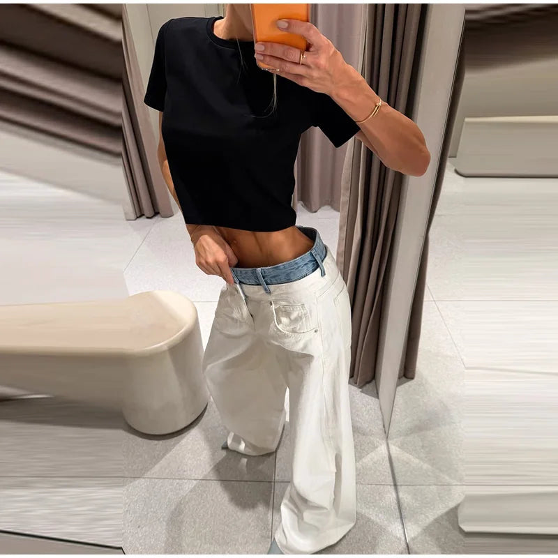 Women's Denim Patchwork Wide-Leg Ankle Jeans Drawstring Low Waist Loose Fit Casual Trendy Bottoms