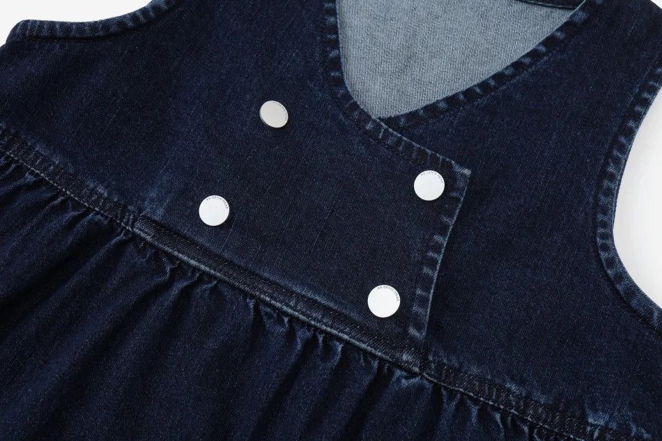 Vestido Varsity de Denim Azul Marinho para Crianças com Bordado