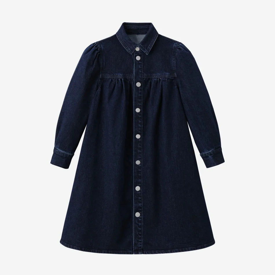 Vestido Varsity de Denim Azul Marinho para Crianças com Bordado
