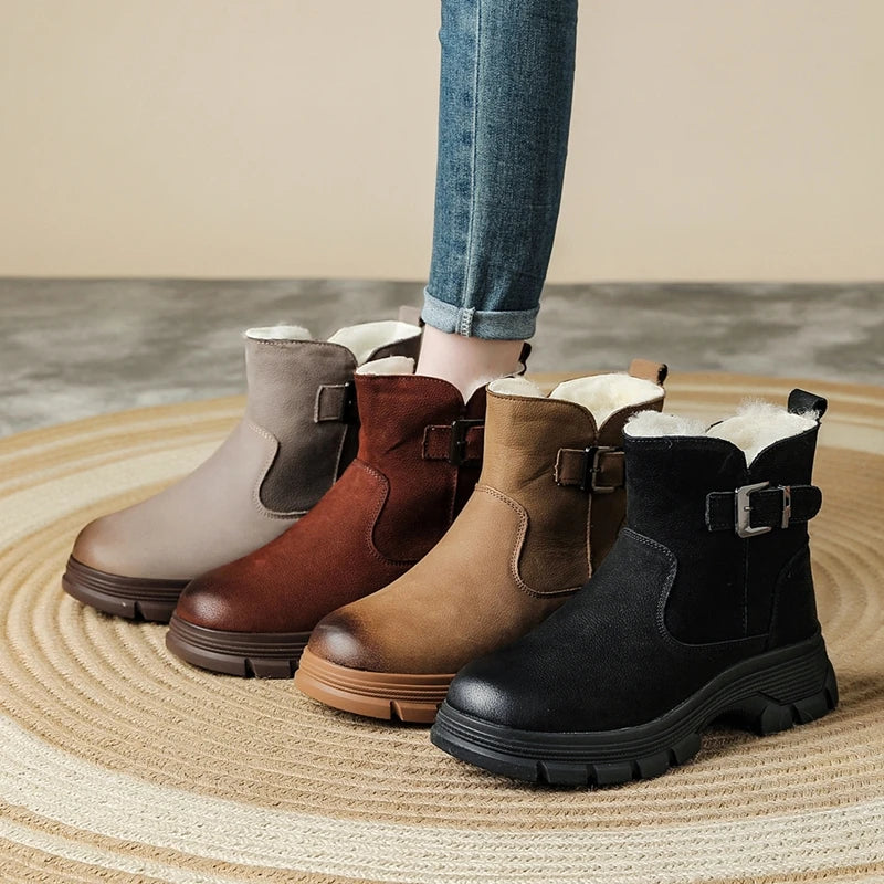 Γυναικεία Μπότες Χιονιού από Γνήσιο Δέρμα - Ρετρό Μπότες Αστραγάλου με Παχύ Σόλα