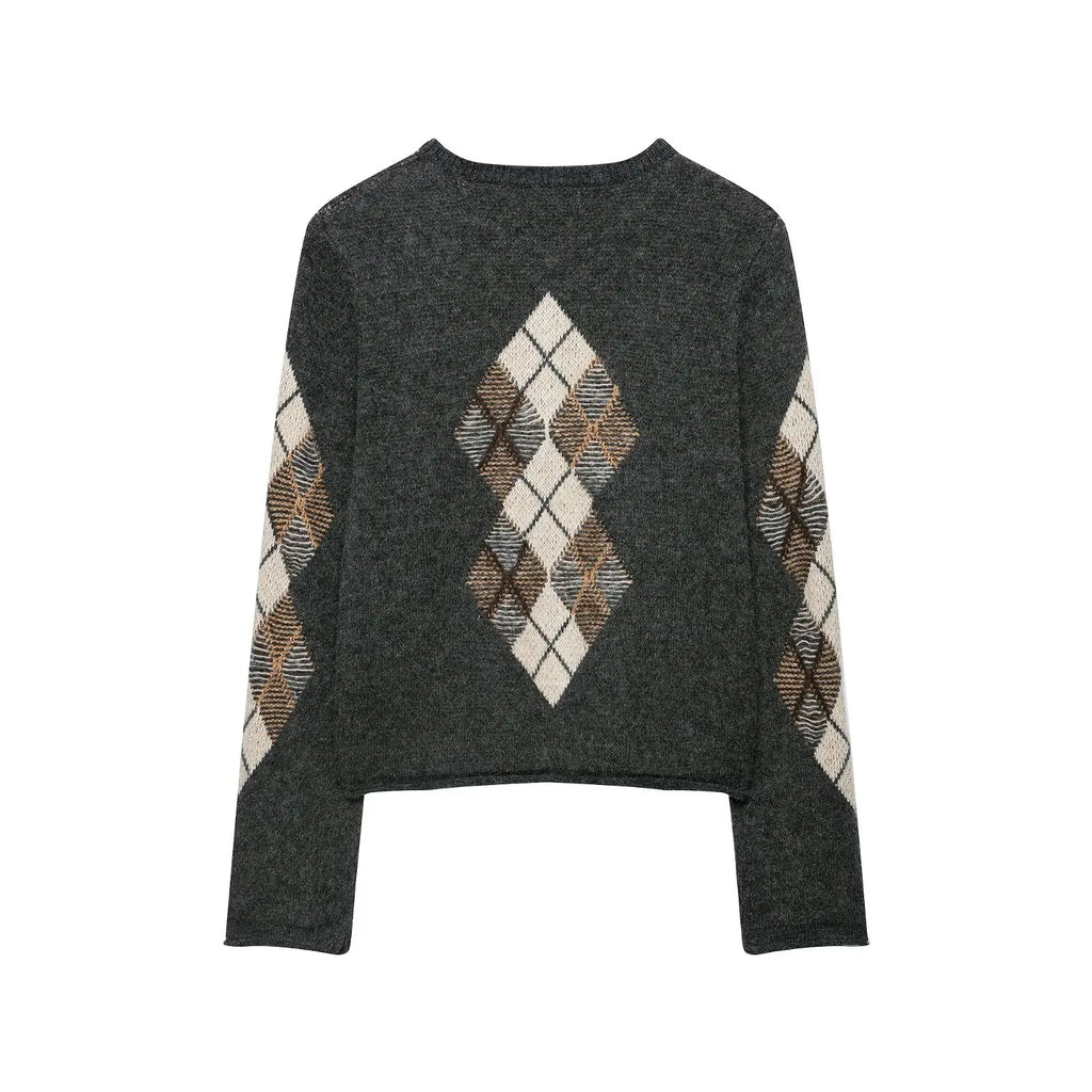Women's Diamond Argyle Knit Button-Front Cardigan Casual Fashion Sweater