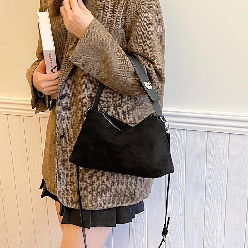 Nubuck Leather Shoulder Bags Women Soft Zipper Medium Adjustable Strap Purses