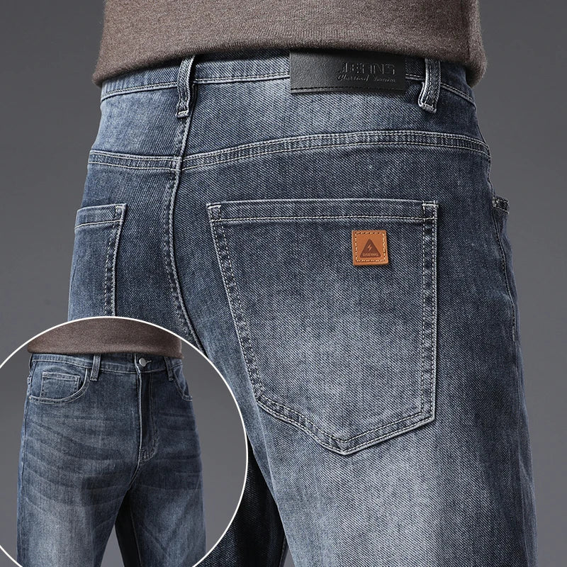 Men's Soft Stretch Straight Jeans Business Casual Slim Fit Wash Denim Pants Korean Fashion Blue Gray Male Brand Trousers