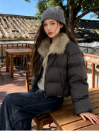 Women's Cropped Puffer Jacket with Faux Fur Collar