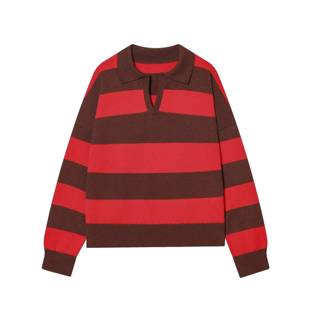Women's Striped Polo Sweater Casual Long Sleeve Loose Pullover