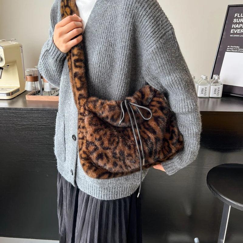 Leopard Faux Fur Shoulder Bags Drawstring Women Medium Soft Handbags Crossbody