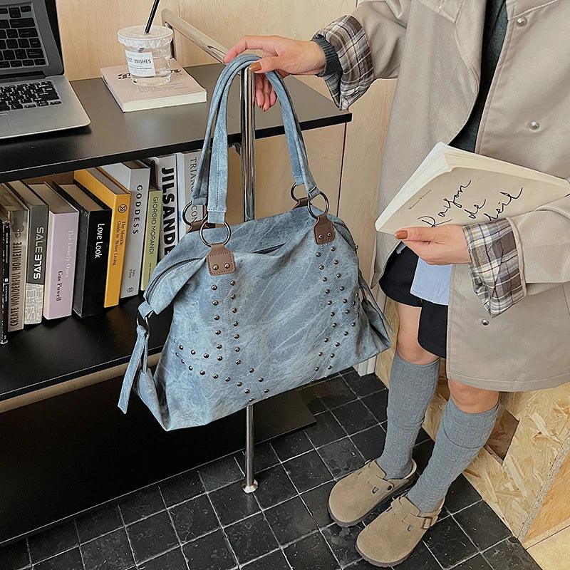 Women's Rivet PU Leather Large Capacity Shoulder Bag – Punk Style Tote Handbag