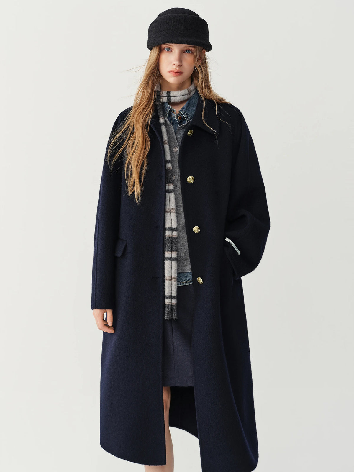 Women's 100% Wool Long Overcoat – Turn-Down Lapel, Single-Breasted, Wide Waist