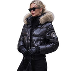 Women's Glossy Hooded Puffer Jacket with Faux Fur Trim