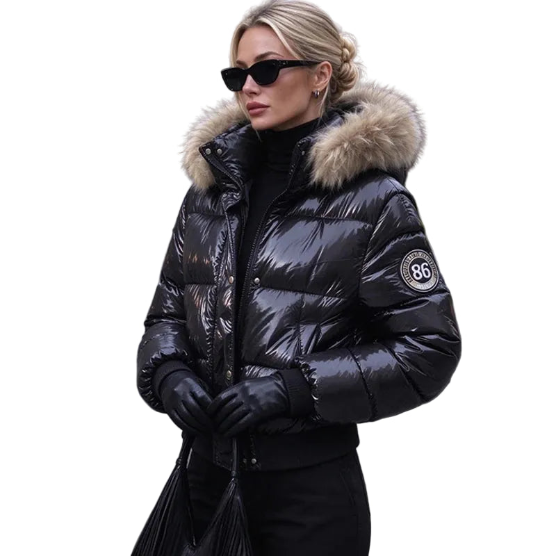 Women's Glossy Hooded Puffer Jacket with Faux Fur Trim