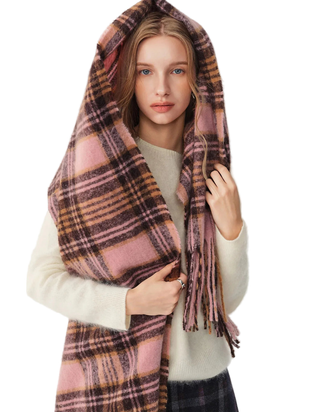 Women's Scarf Fringed Plaid Knit Polyester Cozy Warm Neck Warmer Casual Winter One Size