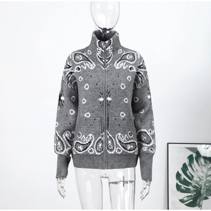 Women's Cardigan Striped Knit Open-Front O-Neck Loose Full-Sleeve Casual Autumn Winter Sweater