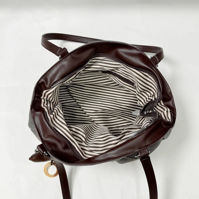 Women's Shoulder Bag Vintage Ruched PU Leather Zipper Tote Bag with Phone Pocket & Charm