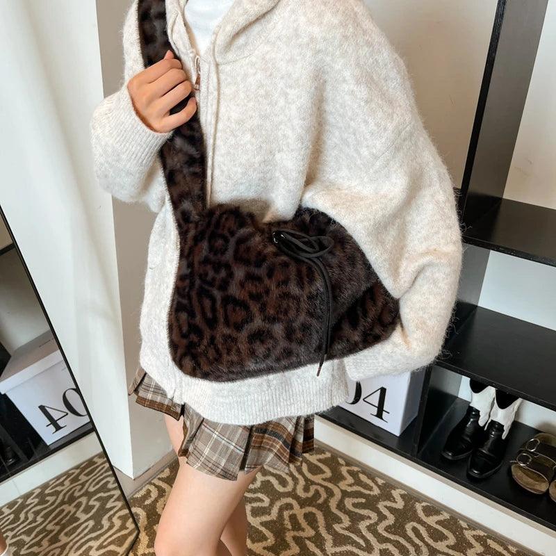 Leopard Faux Fur Shoulder Bags Drawstring Women Medium Soft Handbags Crossbody