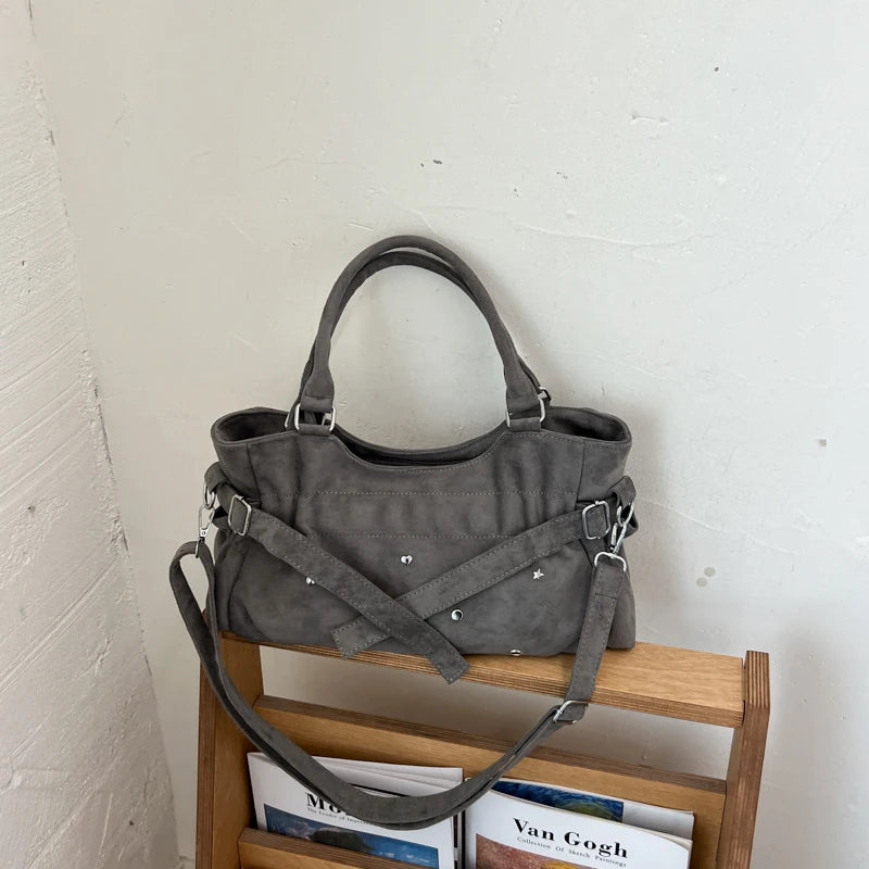 PU Leather Vintage Tote Bag – Rivet Detail, Adjustable Strap, 37×20×9 cm