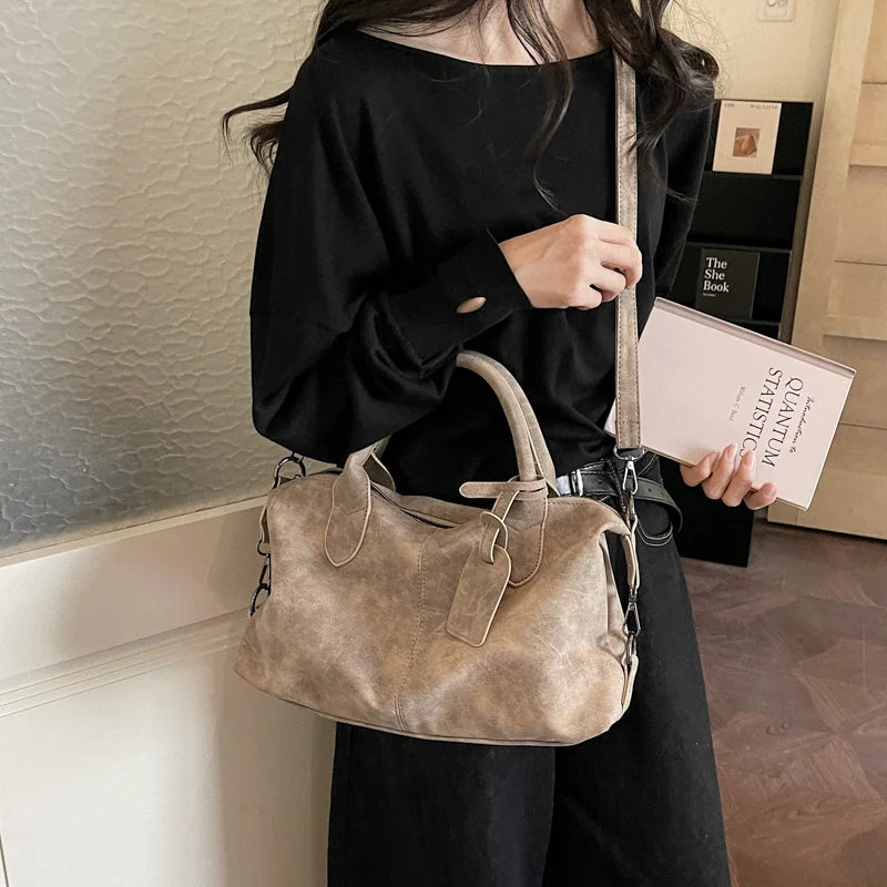 Women's Boston-Style PU Leather Shoulder Bag with Zipper