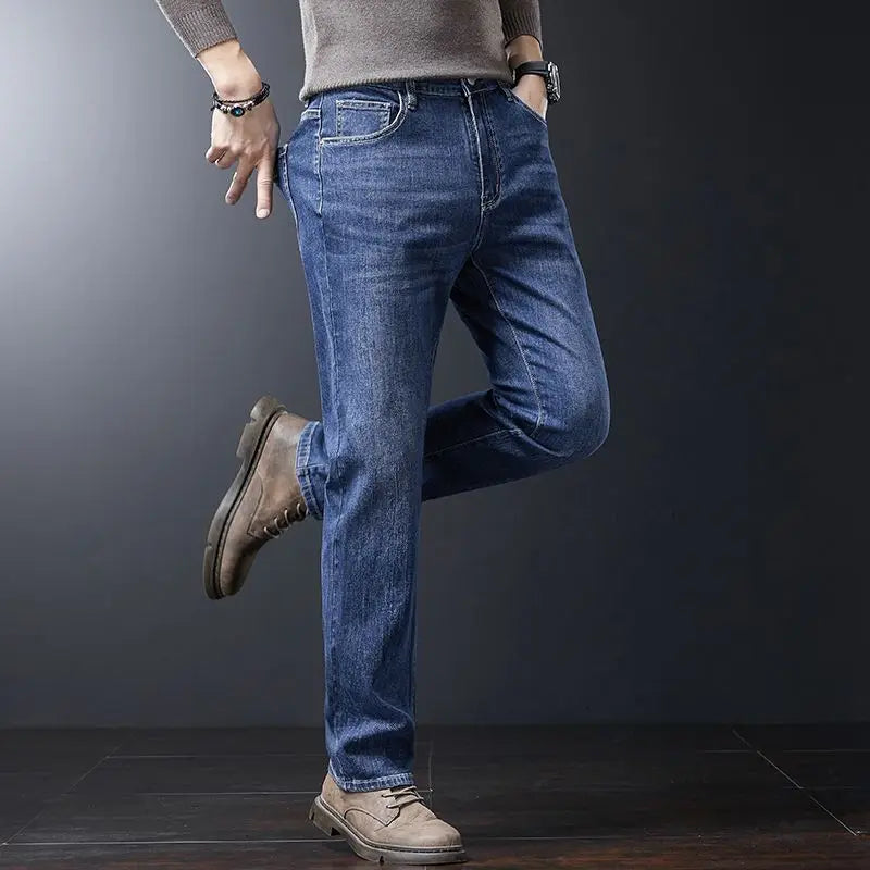 Men's Soft Stretch Straight Jeans Business Casual Slim Fit Wash Denim Pants Korean Fashion Blue Gray Male Brand Trousers