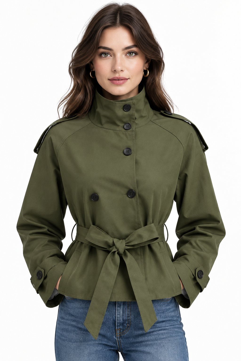 Women's Jacket Solid Lace-Up Double-Breasted Turn-Down Collar Full-Sleeve High-Waist Short Streetwear Coat