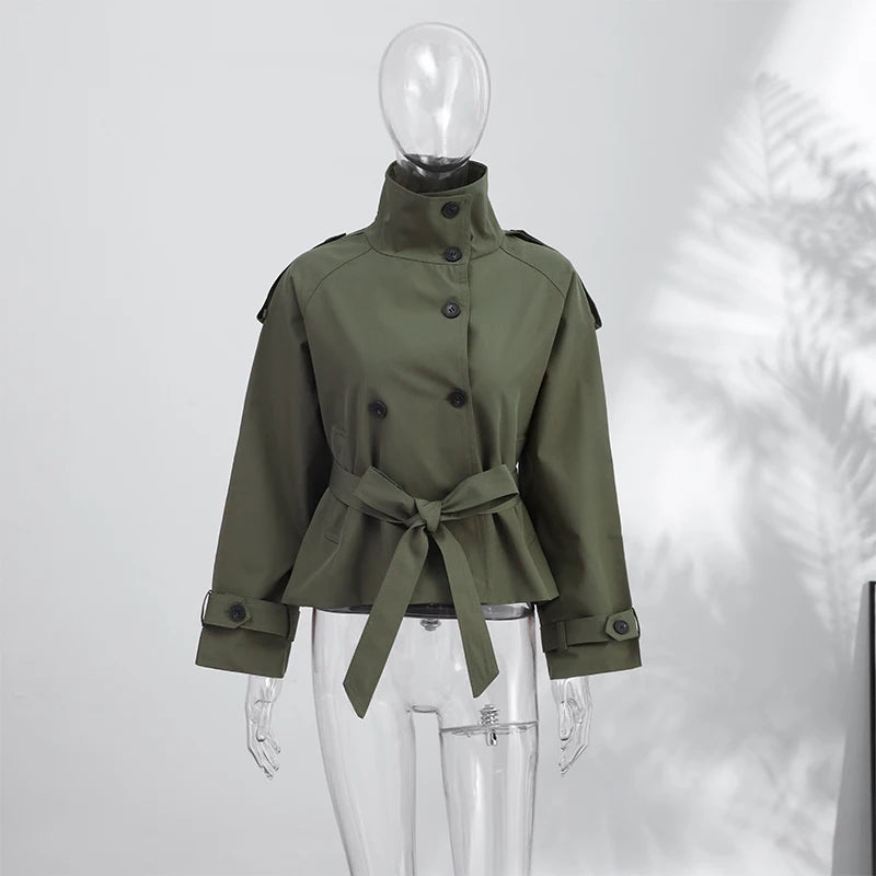 Women's Jacket Solid Lace-Up Double-Breasted Turn-Down Collar Full-Sleeve High-Waist Short Streetwear Coat