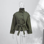 Women's Jacket Solid Lace-Up Double-Breasted Turn-Down Collar Full-Sleeve High-Waist Short Streetwear Coat