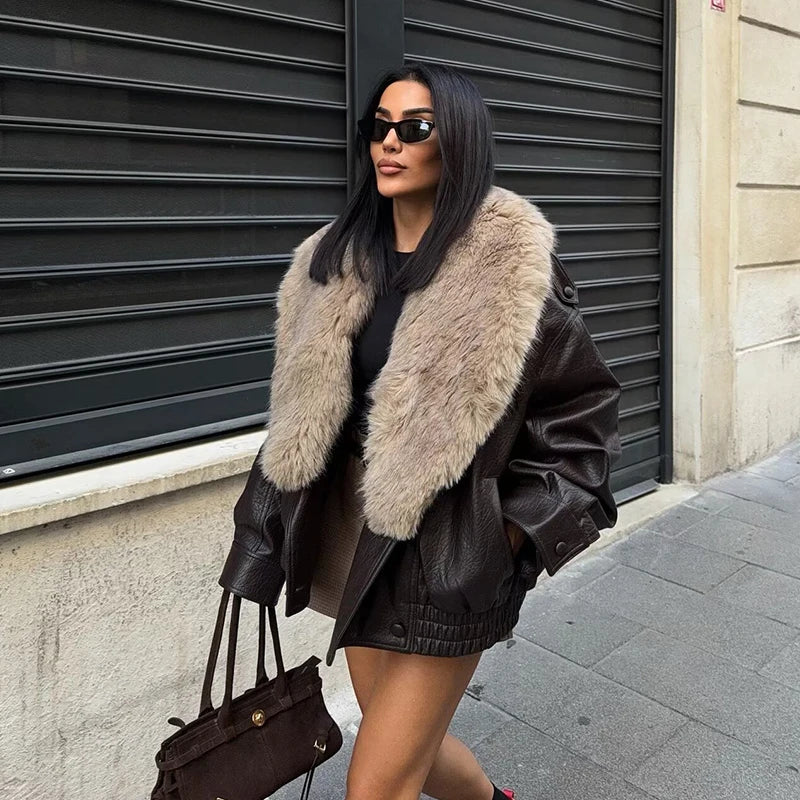 Women's Coat Vintage Faux Leather Big Fur Collar Double-Breasted Loose Full-Sleeve Thick Outerwear Jacket