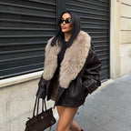 Women's Coat Vintage Faux Leather Big Fur Collar Double-Breasted Loose Full-Sleeve Thick Outerwear Jacket