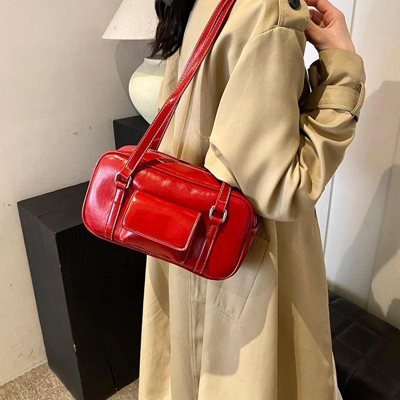 Small Leather Underarm Bags Women Outer Flap Pocket Stitch Zipper Shoulder Bags