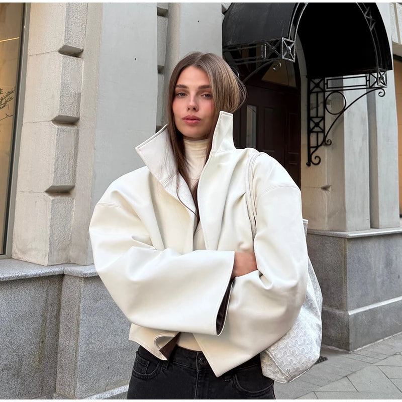 Women's Jacket Polyester Solid Stand Collar Open-Front Loose Full-Sleeve Casual Spring Autumn Outerwear