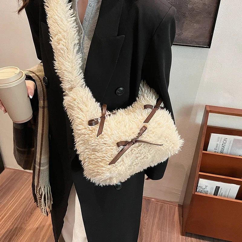 Faux Fur Shoulder Bags Women Bow Brushed Zipper Fuzzy Soft Handbags Medium Purse