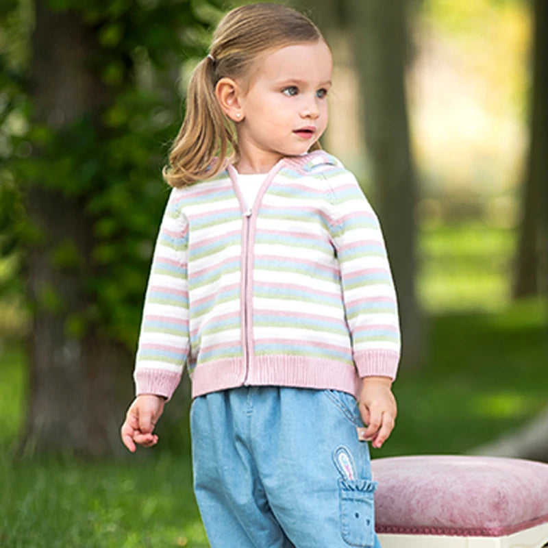 Dave & Bella Girls' Striped Hooded Knit Jacket – Cotton Zip-Up Cardigan for Kids
