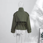 Women's Jacket Solid Lace-Up Double-Breasted Turn-Down Collar Full-Sleeve High-Waist Short Streetwear Coat