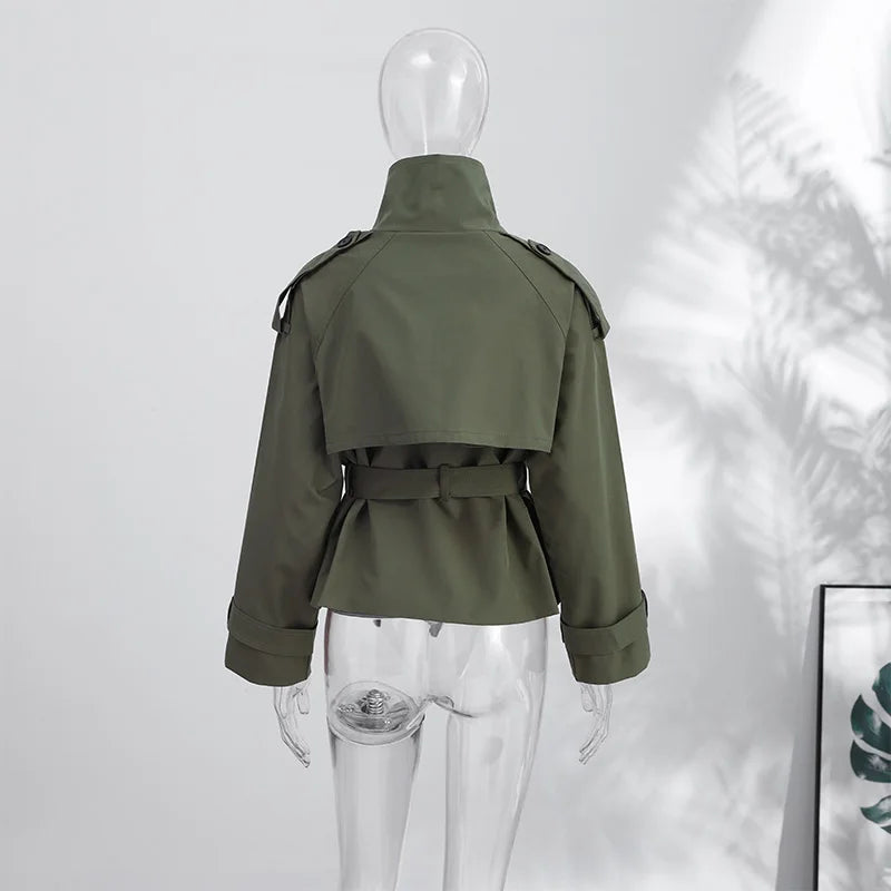 Women's Jacket Solid Lace-Up Double-Breasted Turn-Down Collar Full-Sleeve High-Waist Short Streetwear Coat