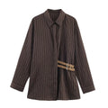 Women's Blouse Brown Striped Full-Sleeve Loose-Fit Single-Breasted Turn-Down Collar Shirt