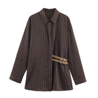 Women's Blouse Brown Striped Full-Sleeve Loose-Fit Single-Breasted Turn-Down Collar Shirt