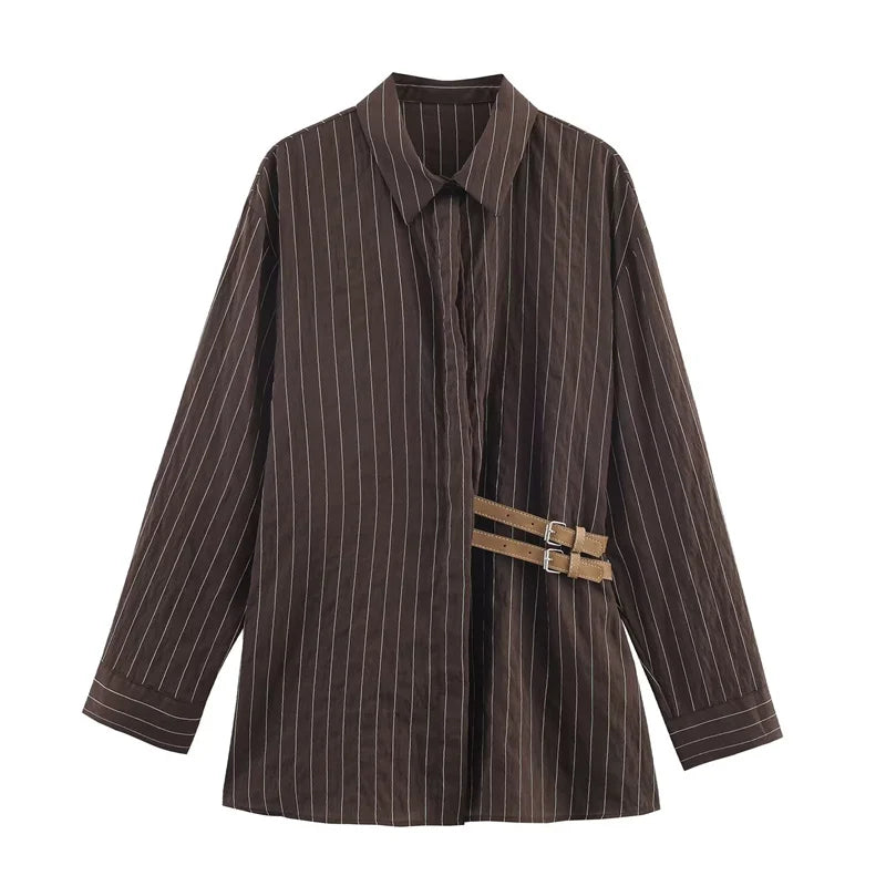 Women's Blouse Brown Striped Full-Sleeve Loose-Fit Single-Breasted Turn-Down Collar Shirt