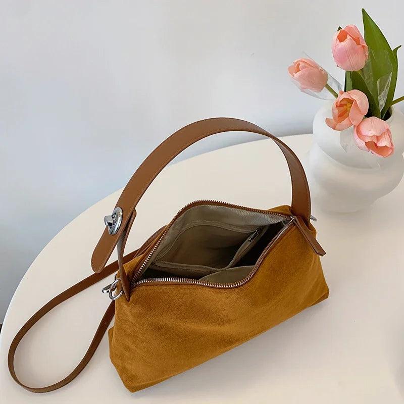 Nubuck Leather Shoulder Bags Women Soft Zipper Medium Adjustable Strap Purses